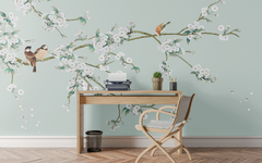 Bird Couple in a White Flower Tree