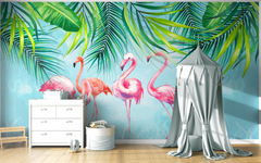 Flamingos on Flowing Tropical Leaves