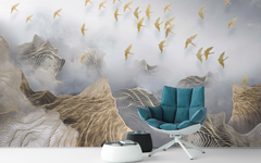 Golden Birds Flying Above Foggy Mountain