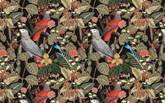 Parrot and Plants Black BG Seamless