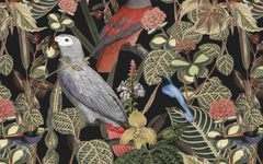 Parrot And Plants Black BG Seamless on Roman Shades