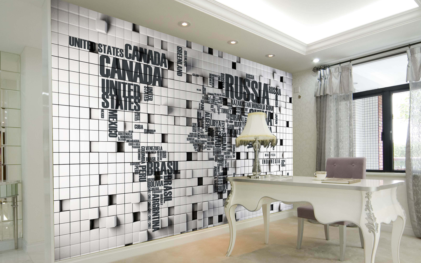World Map 3D Black and White
