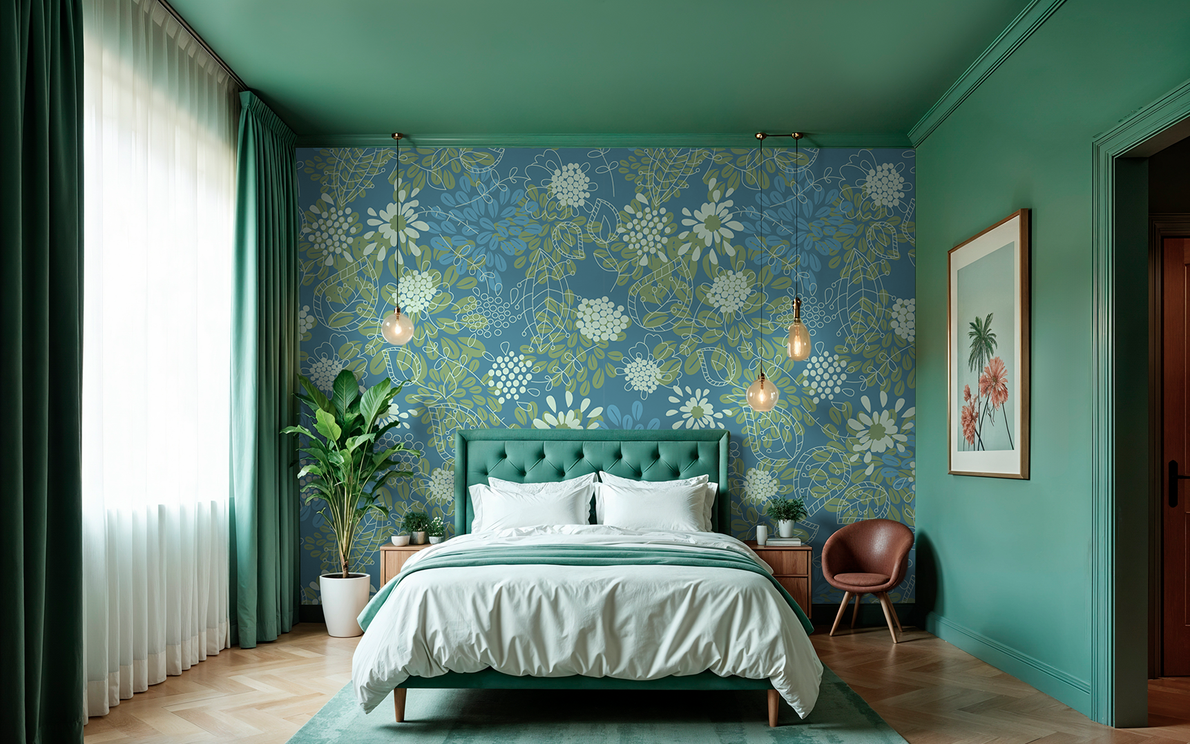 Assorted Leaves Pattern Teal BG Seamless