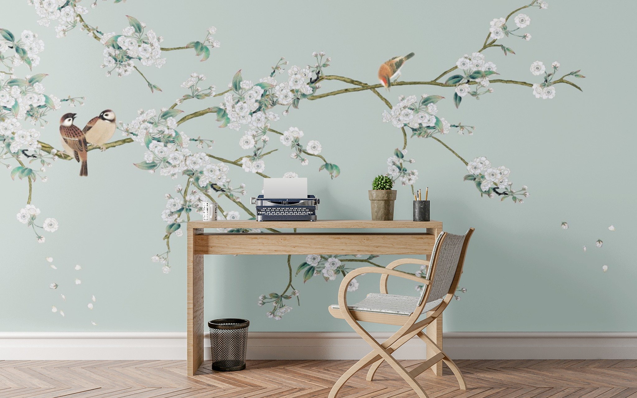 Bird Couple in a White Flower Tree