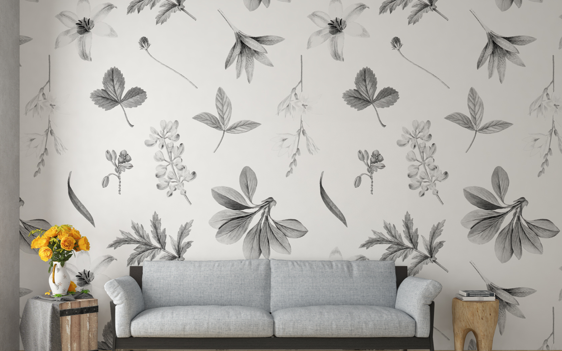 Black and White Plants and Leaves Pattern White BG Seamless