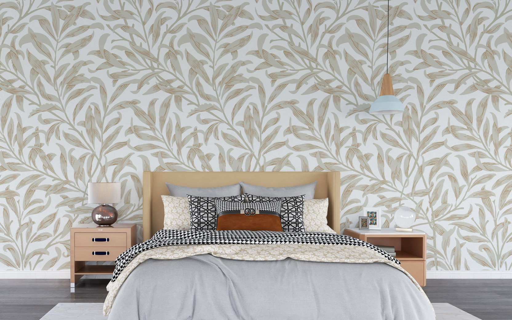 Continuous Gray Leaves White BG Seamless