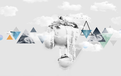 Circles and Pyramids with Mountain Silhouette in Gray Background