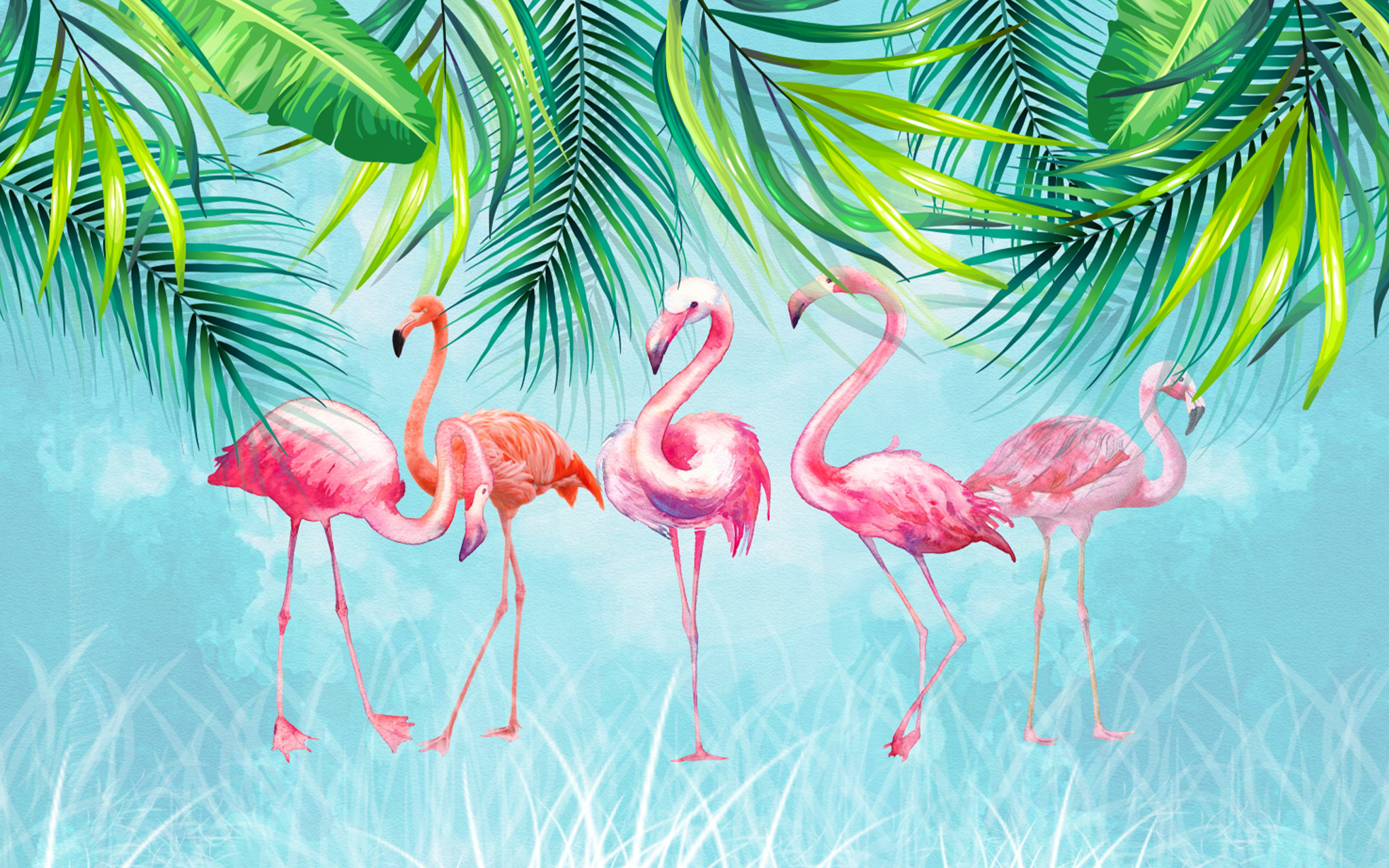 Flamingos On Flowing Tropical Leaves on Throw Pillow
