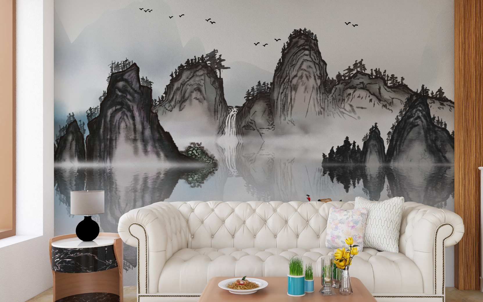 Muted Chinese Ink Mountain Painting
