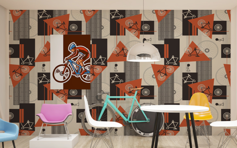 Geo Triangle with Bicycle Orange BG Seamless
