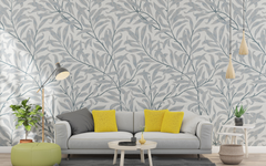 Gray Stemmed Leaves Light Gray BG Seamless