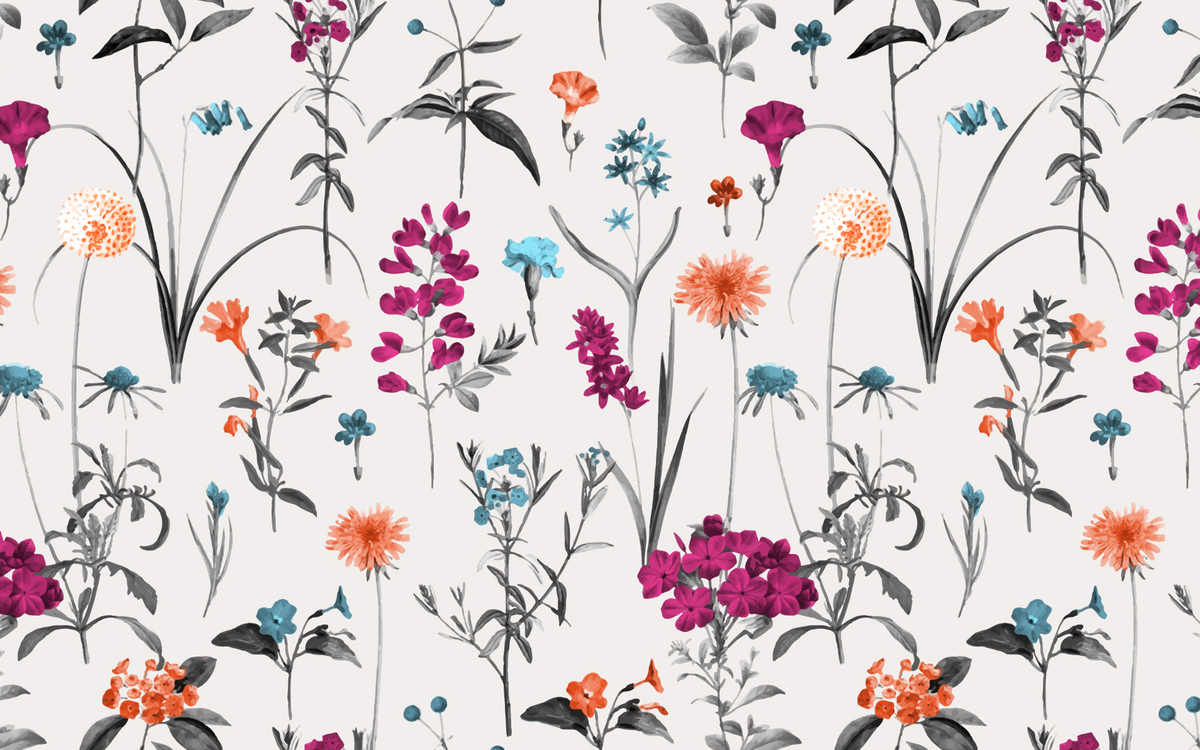 Magenta and Orange Flowers Light Gray BG Seamless