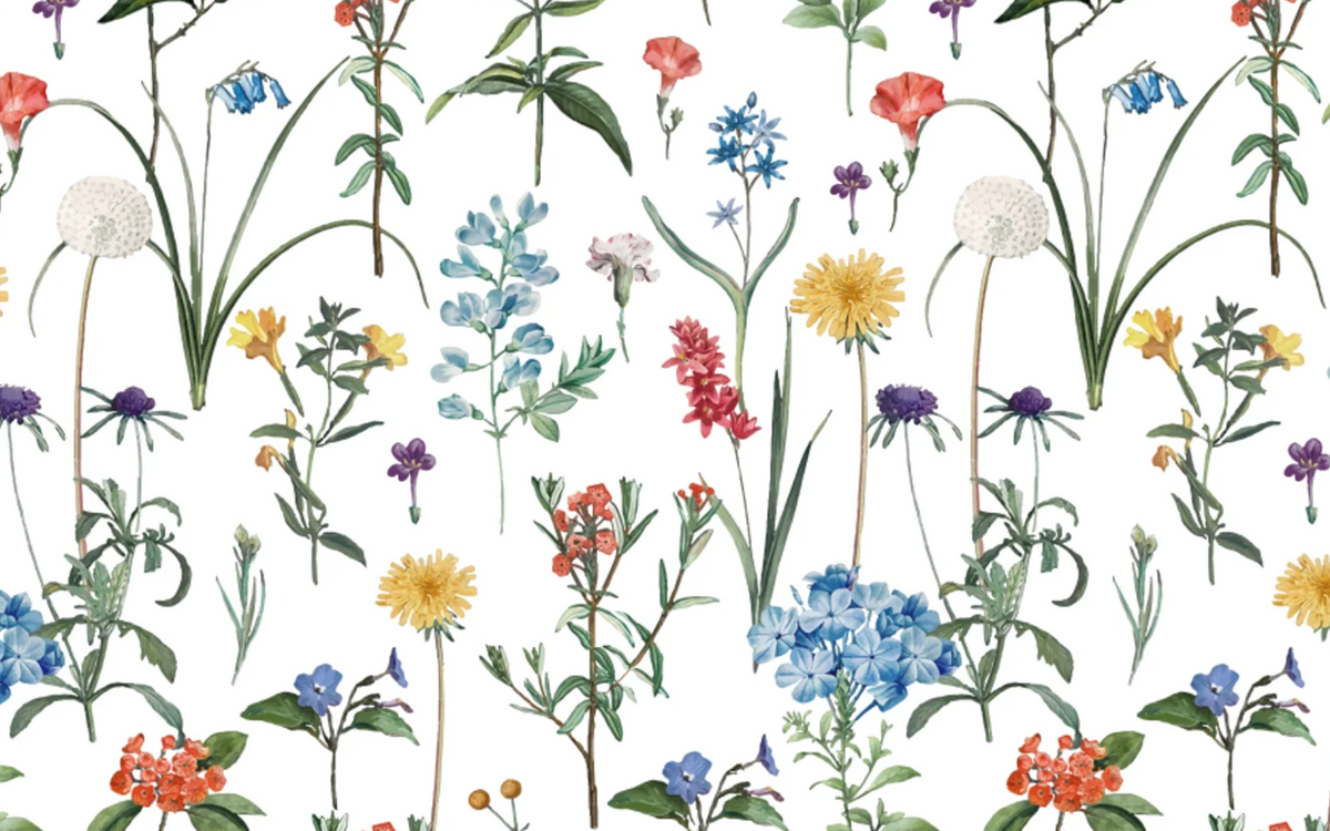 Multi-colored Stemmed Flowers White BG Seamless