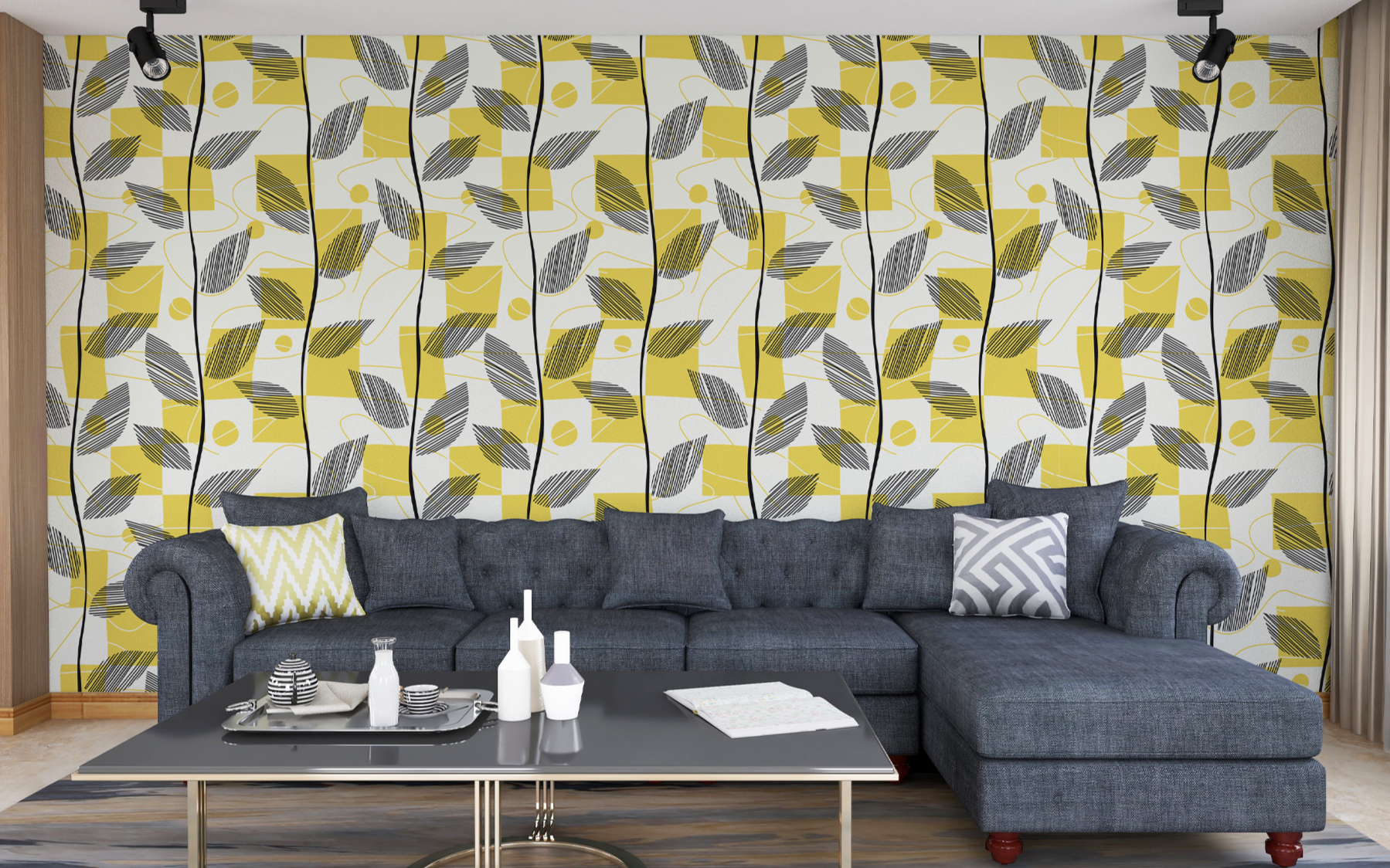 Black Leaves on Yellow Geometric Background