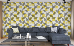 Black Leaves on Yellow Geometric Background