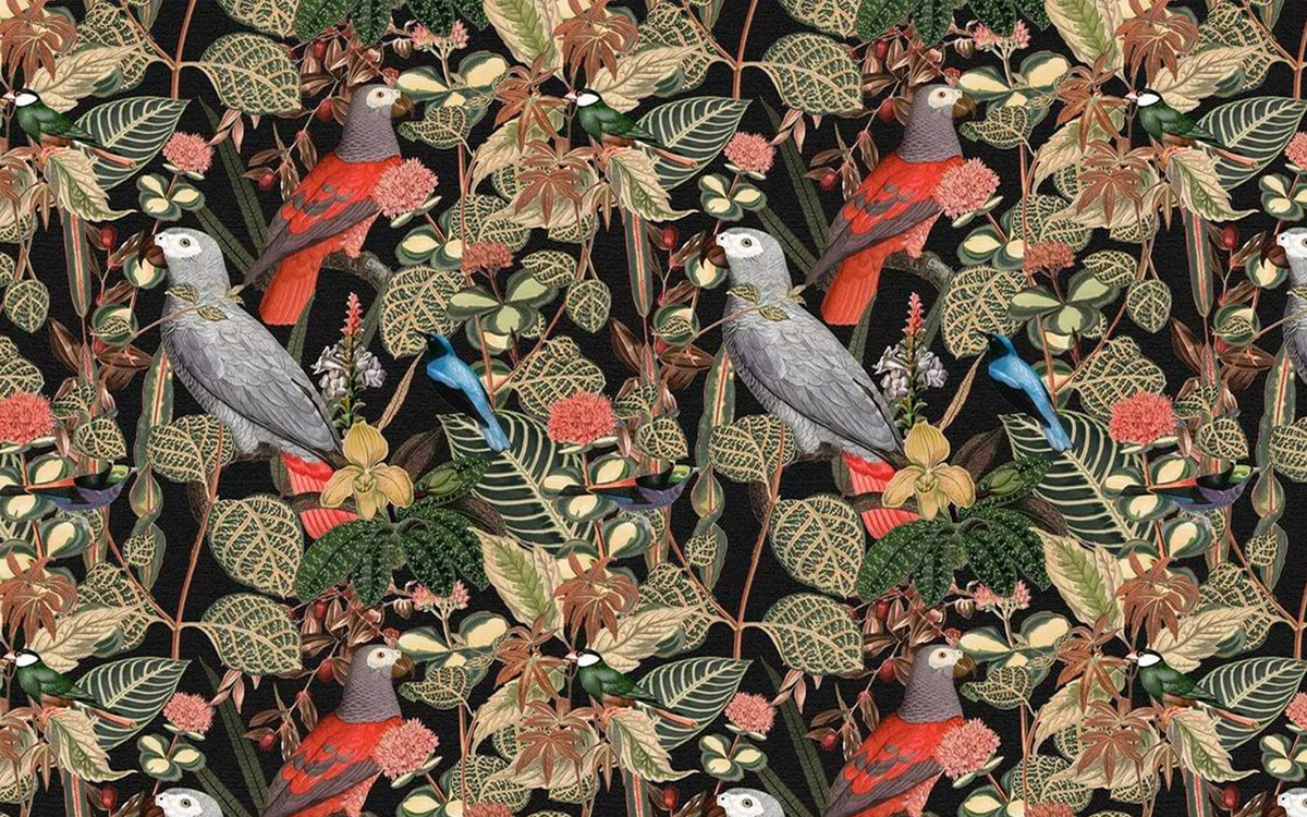 Parrot and Plants Black BG Seamless