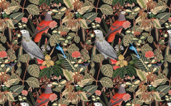 Parrot and Plants Black BG Seamless