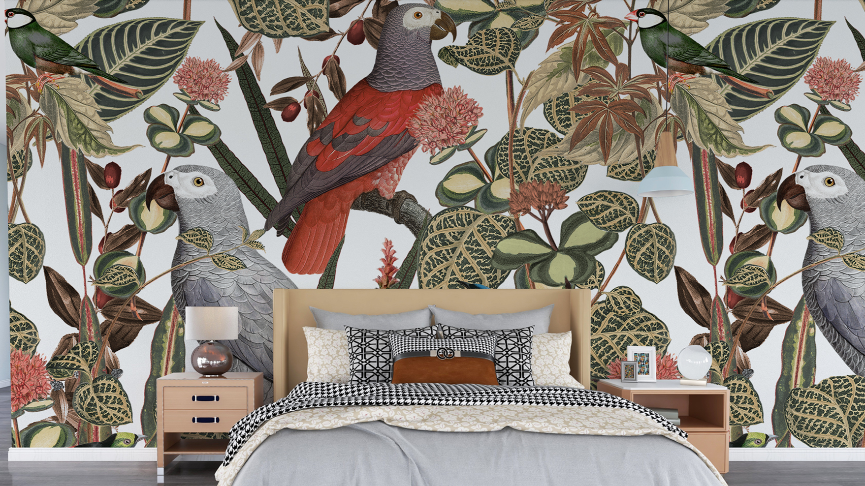 Parrot and Plants Pattern White BG Seamless