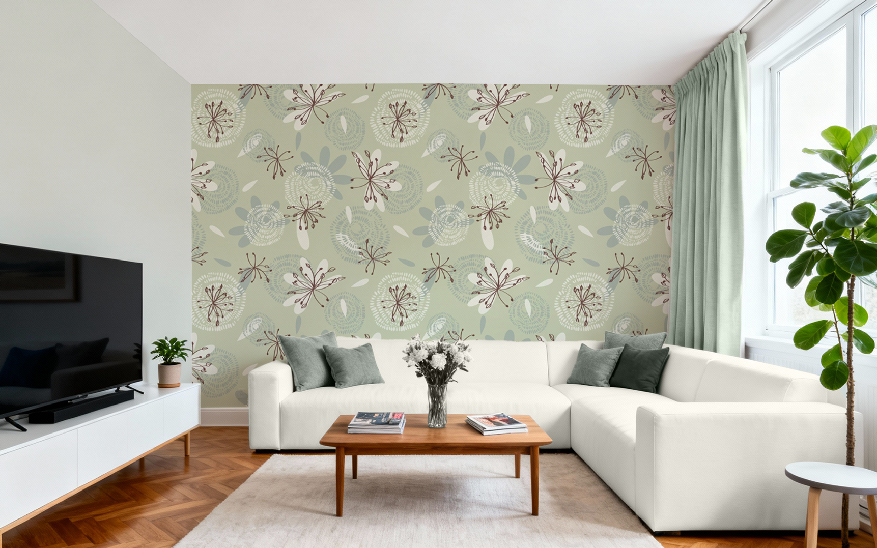 Cream and Brown Flower Pattern Light Green BG Seamless