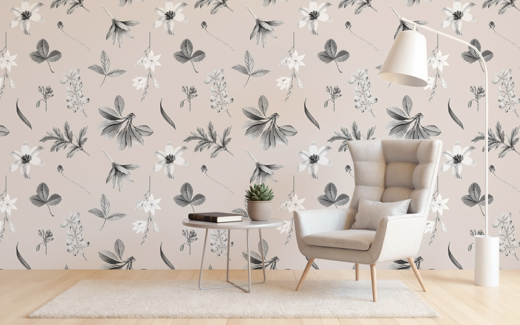 Monotone Gray Leaves Cream BG Seamless