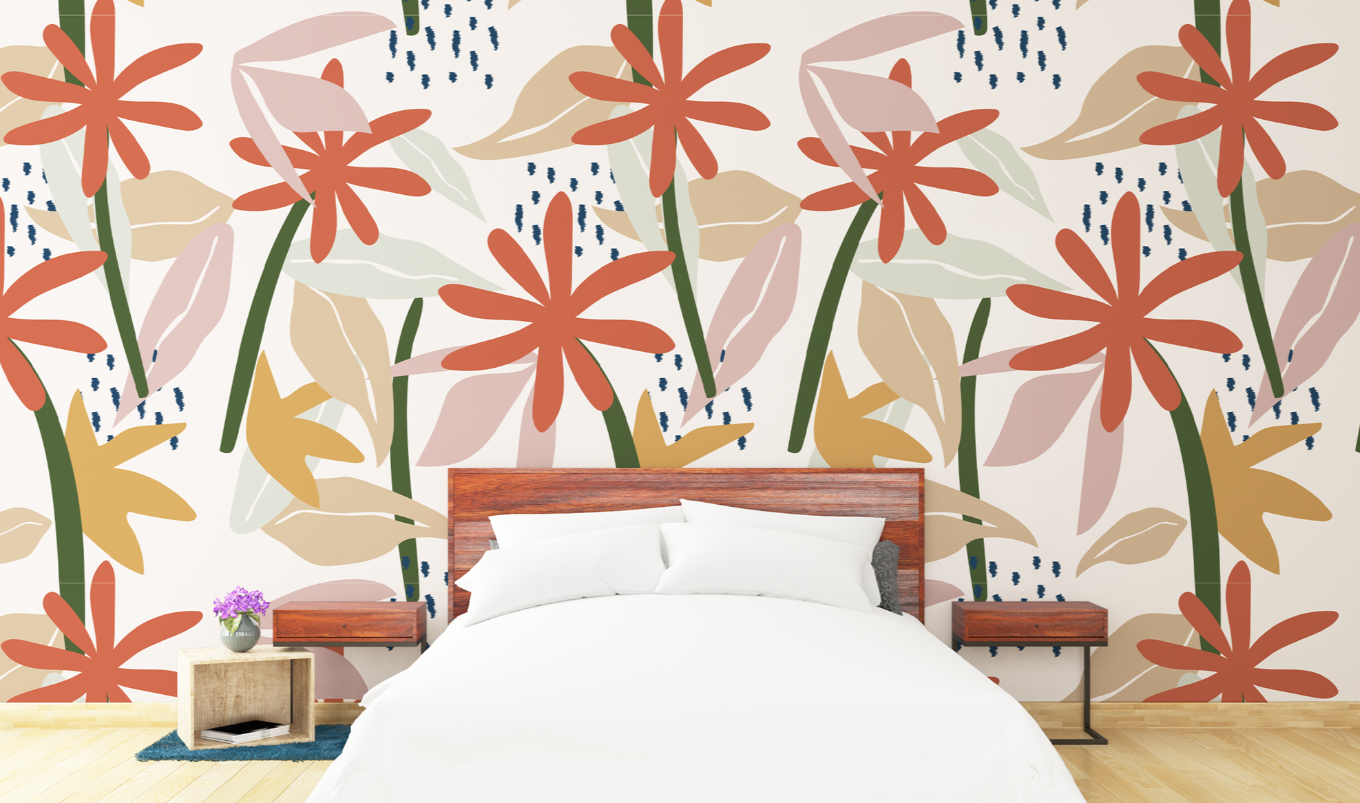 Rust Color Flowers Pattern Off-White BG Seamless