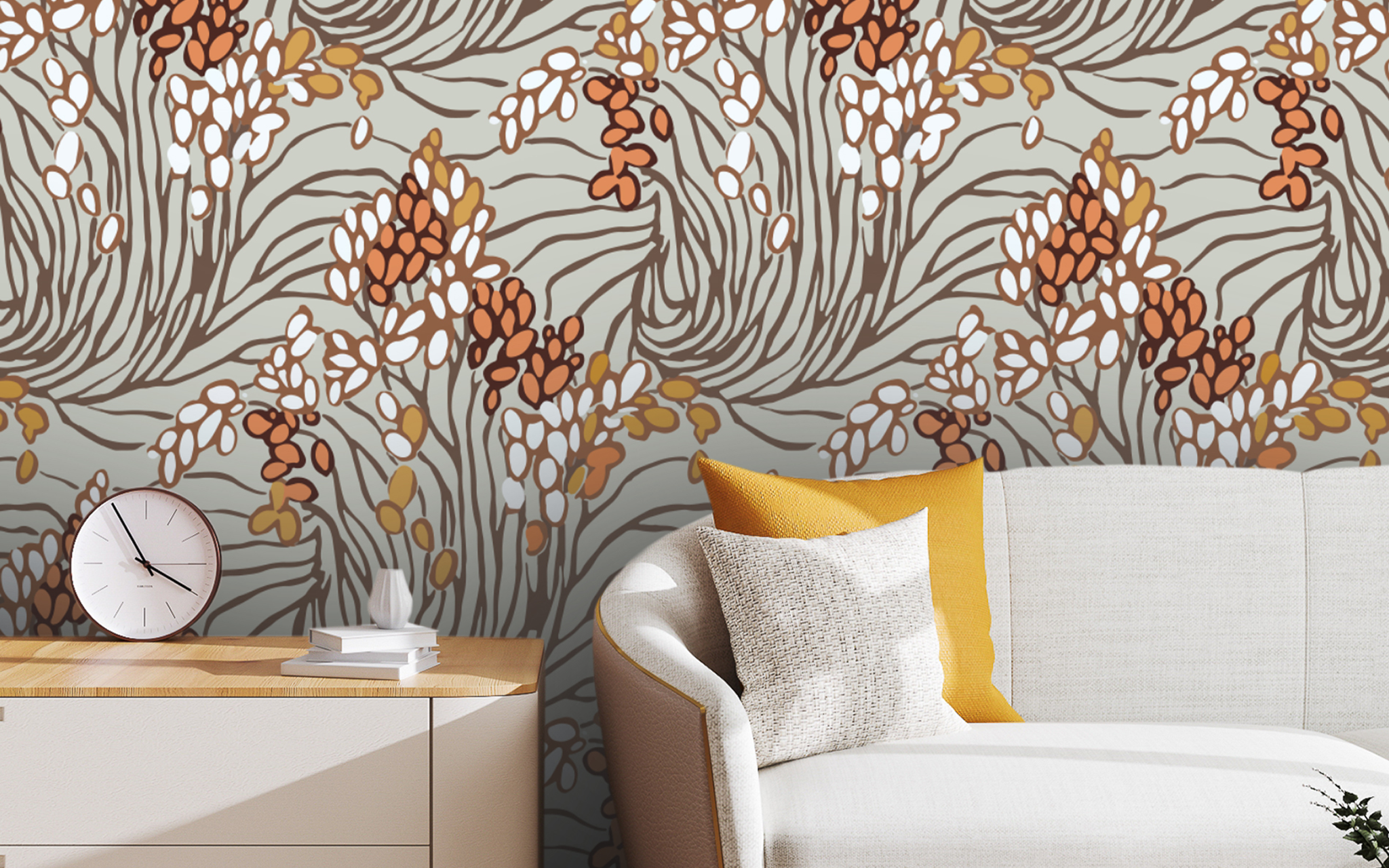 Small Leaves Pattern Light Gray BG Seamless