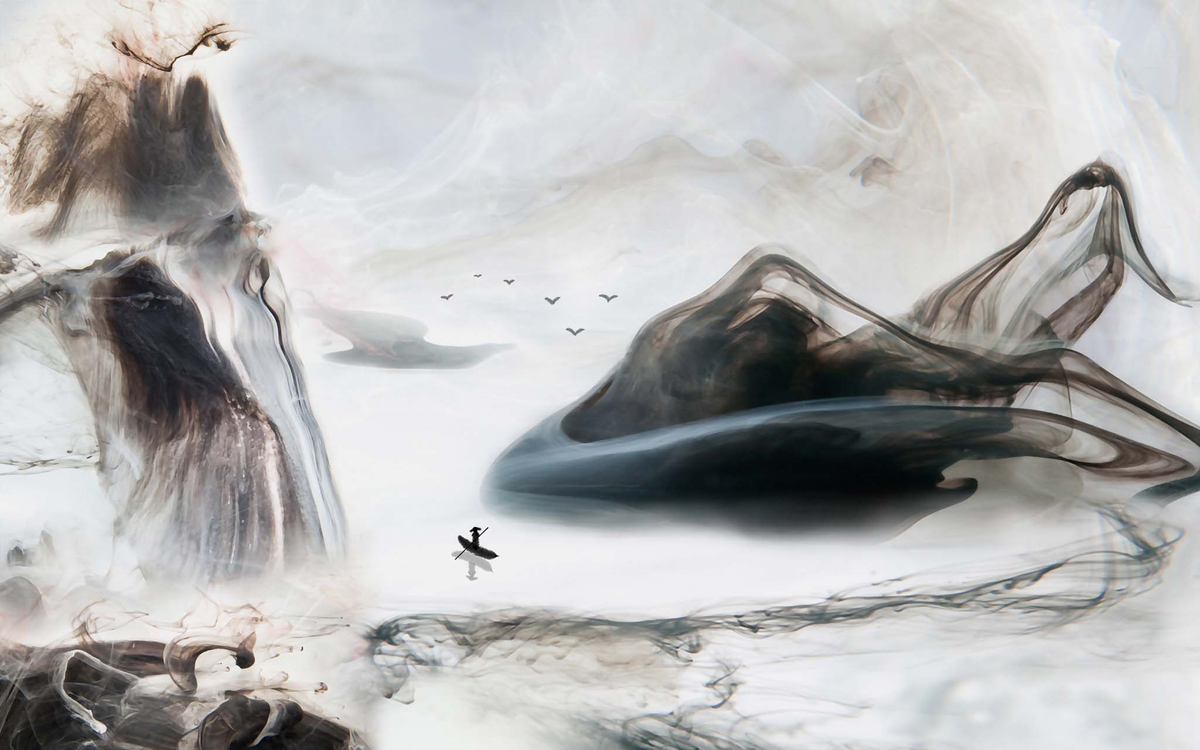 A Man Rowing a Boat amidst a Black-ink Mountain Backdrop