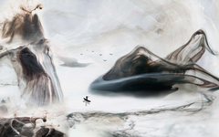 A Man Rowing a Boat amidst a Black-ink Mountain Backdrop
