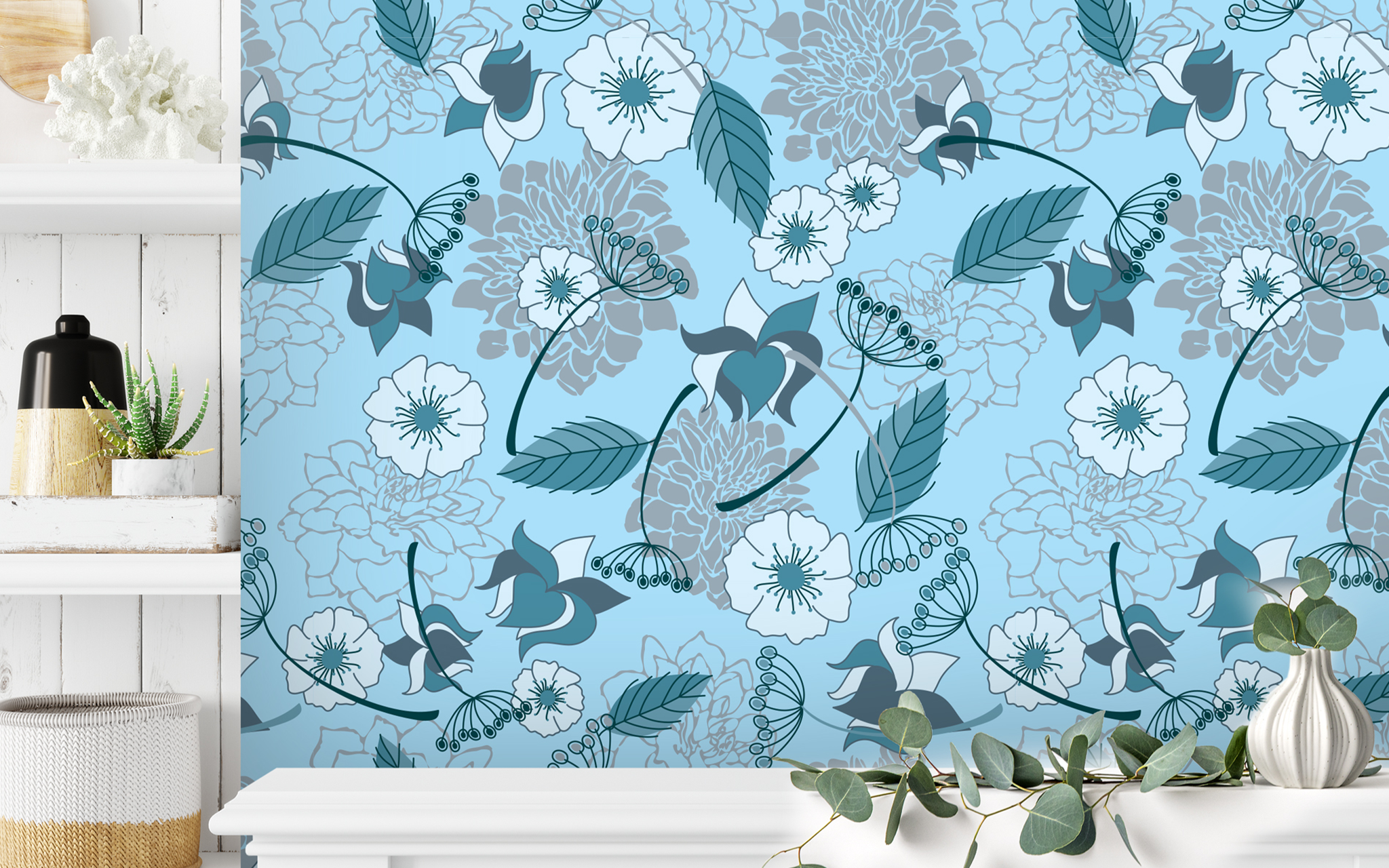 Various Flowers and Leaves Bluish Hue BG Seamless