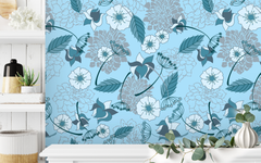Various Flowers and Leaves Bluish Hue BG Seamless