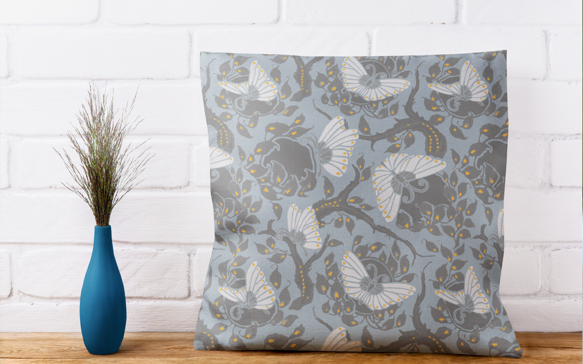 White Butterfly Pattern Light Blue BG Seamless on Throw Pillow