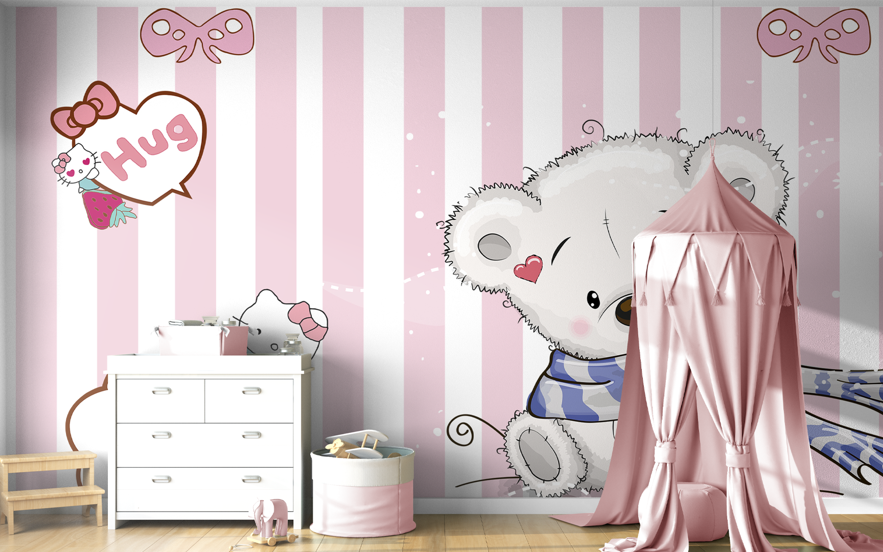 Teddy Bear and Hello Kitty in Pink and White Stripes