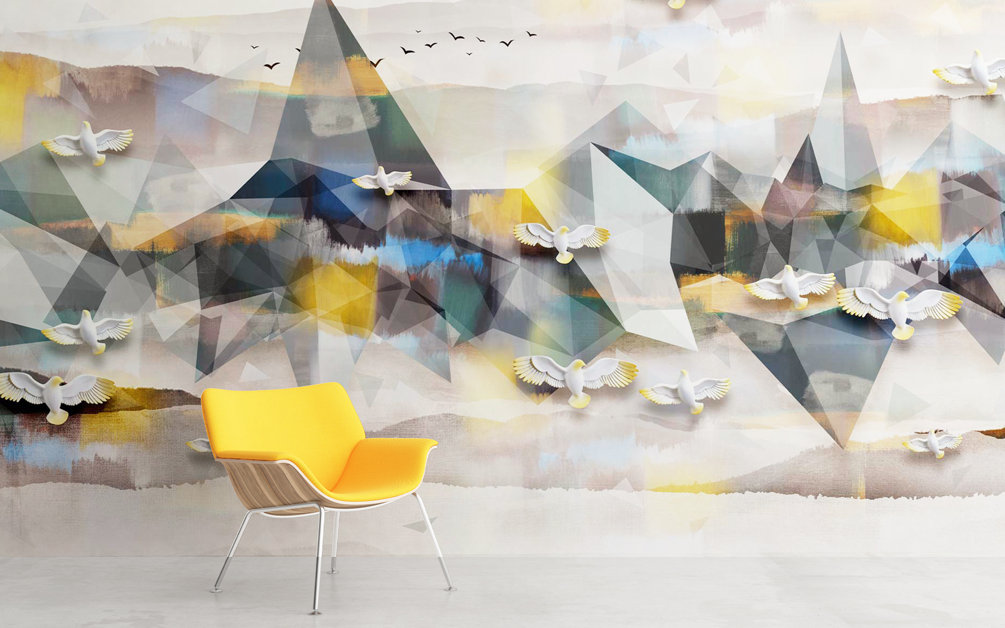 Yellow Birds Mountain Backdrop Abstract