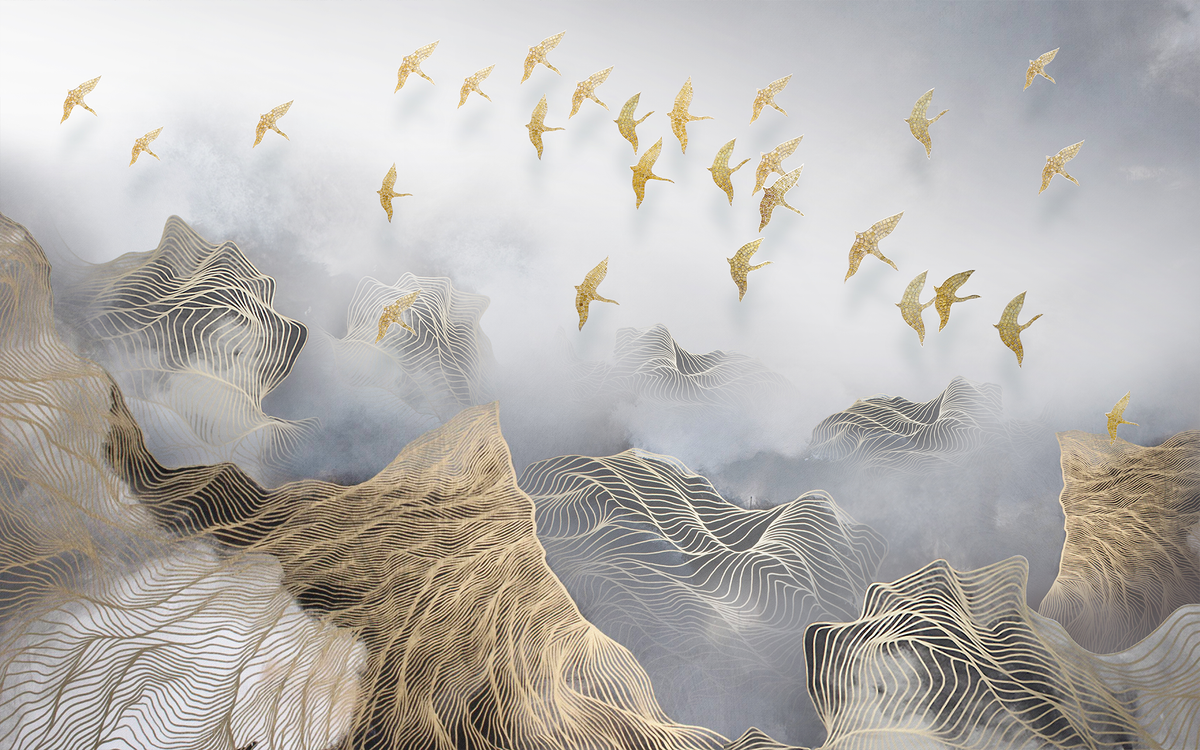 Golden Birds Flying Above Foggy Mountain