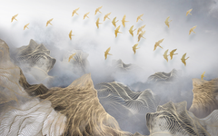 Golden Birds Flying Above Foggy Mountain
