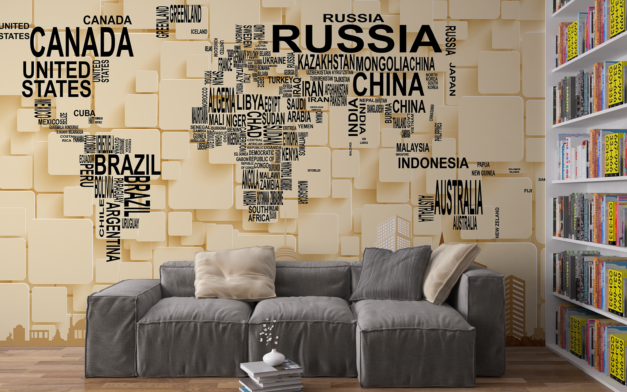 World Map in Cream 3D Rectangular Panel