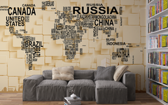 World Map in Cream 3D Rectangular Panel